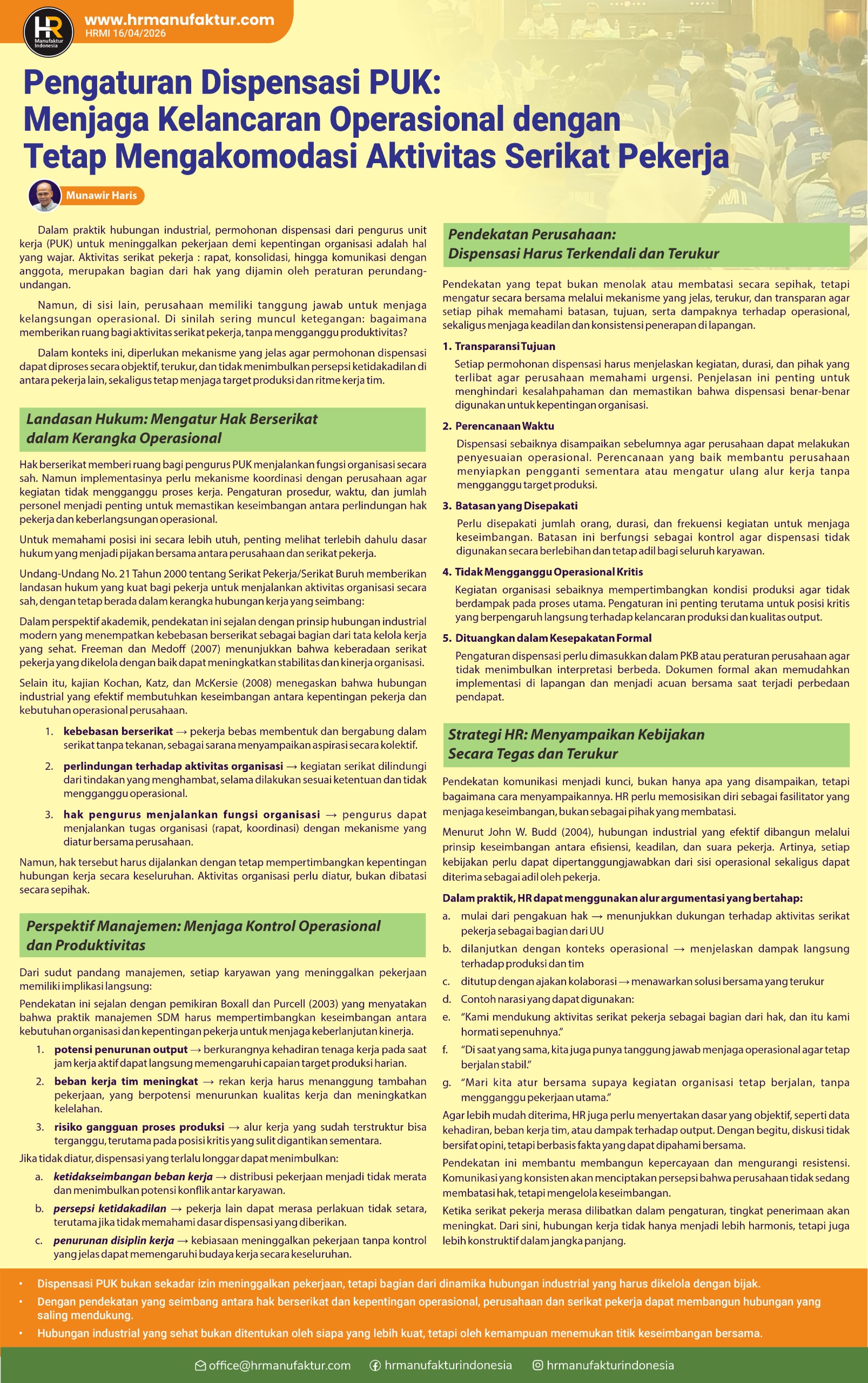 Pengaturan Dispensasi PUK-Menjaga Kelancaran Operasional dengan Tetap Mengakomodasi Aktivitas Serikat Pekerja